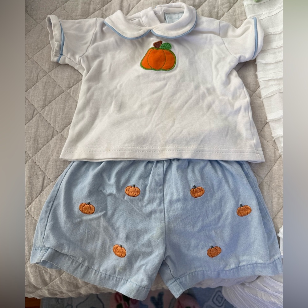 Little English Pumpkin Embroidered Kids Set - White and Light Blue